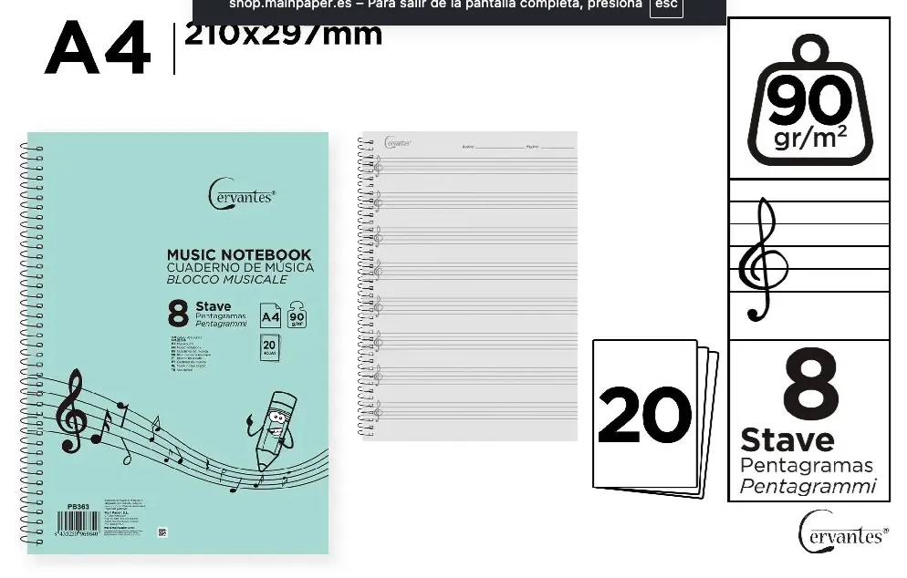 Cahier de musique 8 RANGS A4 20 pages 90g/m2 – Cervantes - Organisation de la maison avec des solutions de rangement Notes, cahier de partitions M | HN 8055