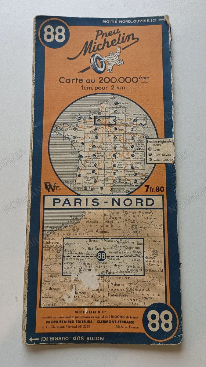 CARTE ROUTIERE PARIS NORD MICHELIN 1941 - Éclairage de qualité avec État frais de port offerts