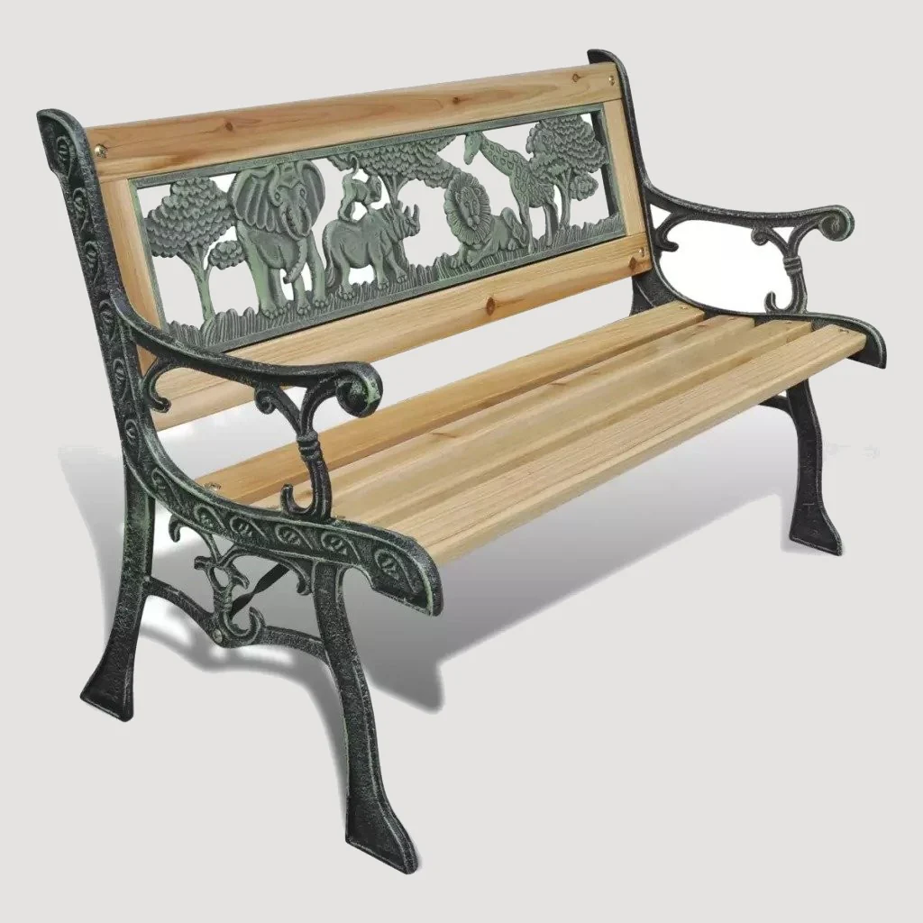 Banc cœur industriel en bois et fer avec sculpture sur dossier - E-shop mondial – Produits durables, modernes et accessibles partout