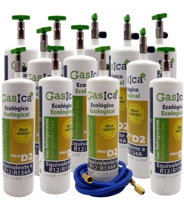 Pack 12 botellas gas refrigerante GASICA PRO D2 - R12 R134a + générique manguera carga 5/16"x1/4" - Accessoires Électroménagers en Promotion : Tout pour Votre Maison à Moins Cher !