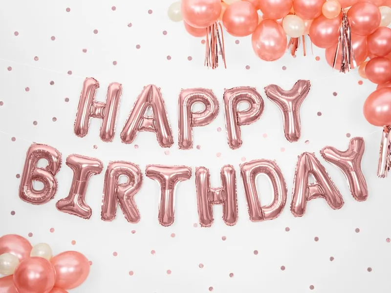 Ballons lettres Happy Birthday Rose Gold ​Boulangerie Pâtisserie Pain Levain Viennoiseries