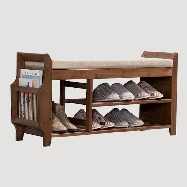 Banc de rangement en bois multi compartimenté avec coussin - E-shop mondial – Produits durables, modernes et accessibles partout Banc avec espace de rangement / 2 portes battantes / Couleur : Chêne light  Port / Coussin d'assise rembourré / 2 compartiments / Dimensions : 77 x 35  x 40,5
