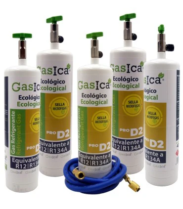 Pack 5 botellas gas refrigerante GASICA PRO D2 - R12 R134a + manguera carga 5/16"x1/4" - Accessoires Électroménagers en Promotion : Tout pour Votre Maison à Moins Cher ! Kit Gasica D2 PRO 400g | Sustituto R134a R12 | Manguera con Manómetro y  Adaptador | Sella Fugas y Trazador | Gas Ecológico HC