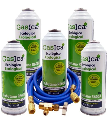Pack 5 botellas gas refrigerante GASICA D2 - R12 R134a + manguera carga 1/4"x1/4" + válvula - Accessoires Électroménagers en Promotion : Tout pour Votre Maison à Moins Cher ! 2 Botellas Gas Refrigerante Freeze +12a 420Gr + Valvula + Manguera Organico  Sustituto R12, R134A